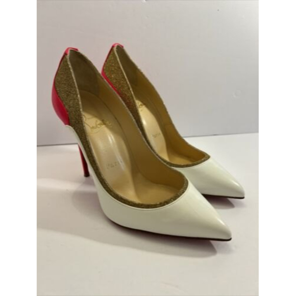 Christian Louboutin Tucsick 100 Gold/White and Neon Pink Heels (Size 6) - Picture 1 of 11
